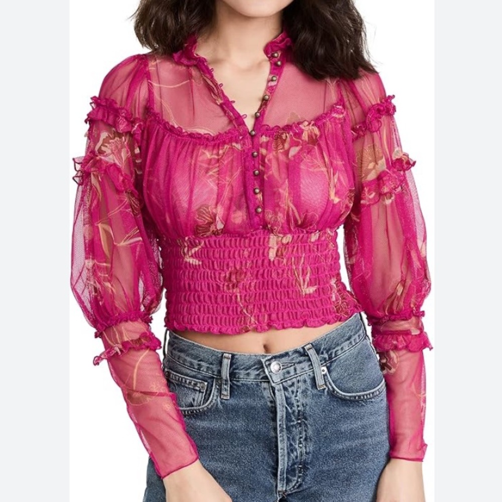Free People Womens Time to Shine Mesh Top in Magenta / Size XS
